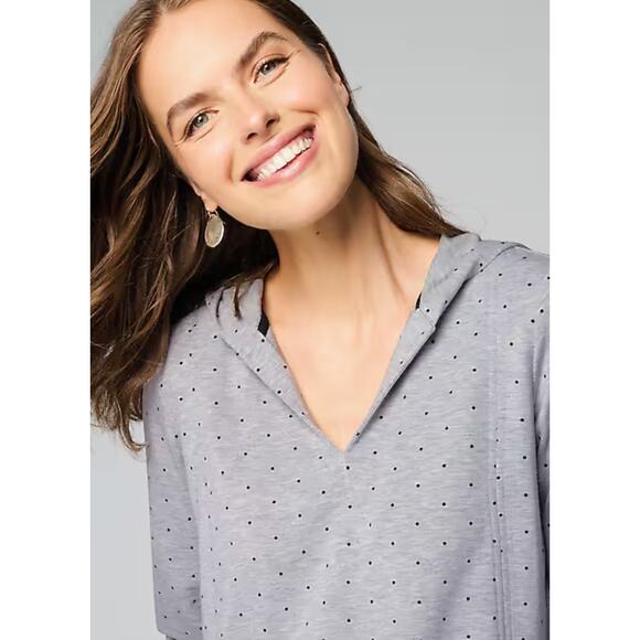 J Jill Seamed Polka Dot Hoodie Tunic Shirt Womens Size Small New Grey Black - Picture 2 of 15